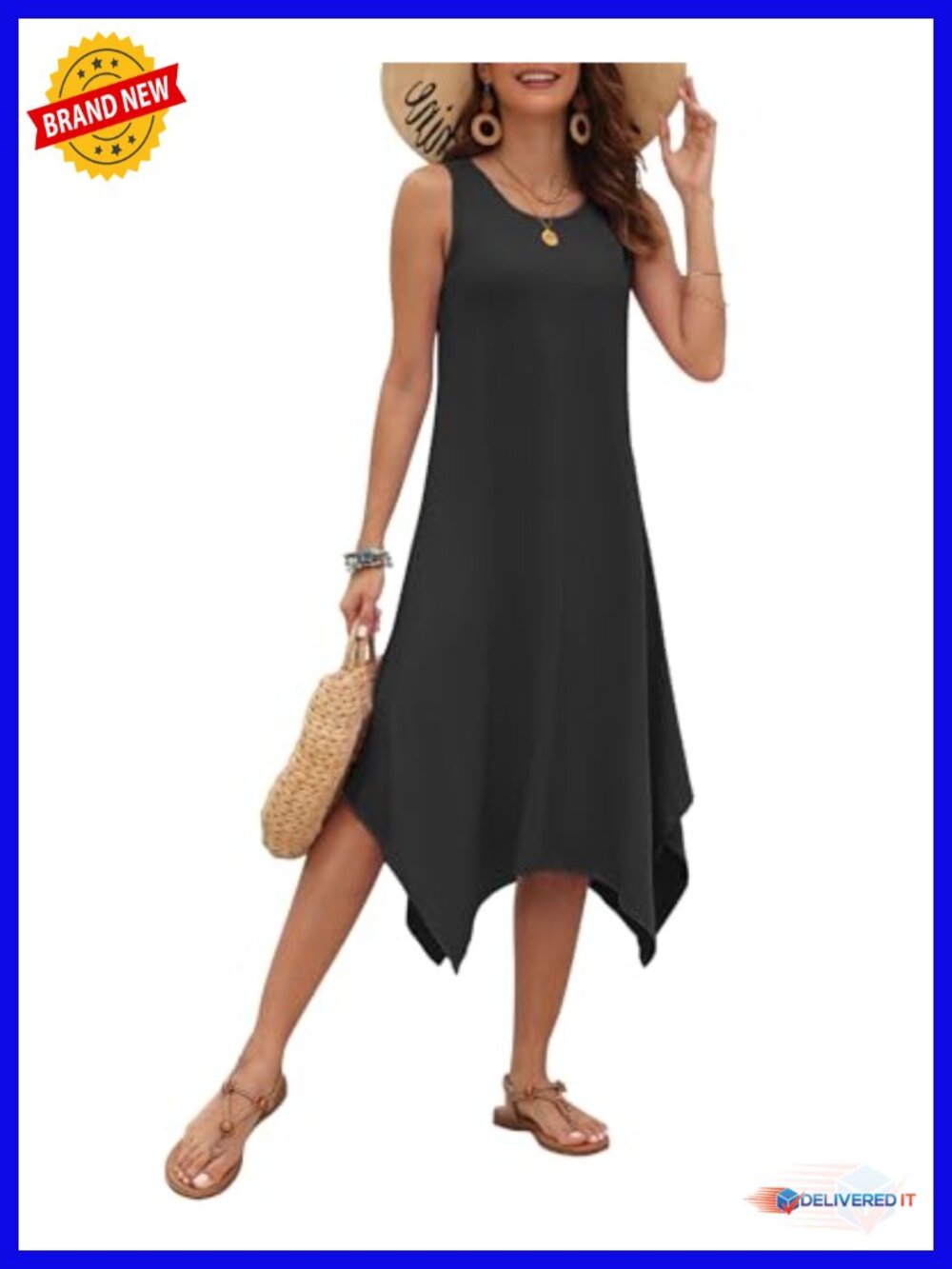 Polyester Spandex Sleeveless Midi Dress Pockets Asymmetrical Hem Sundress